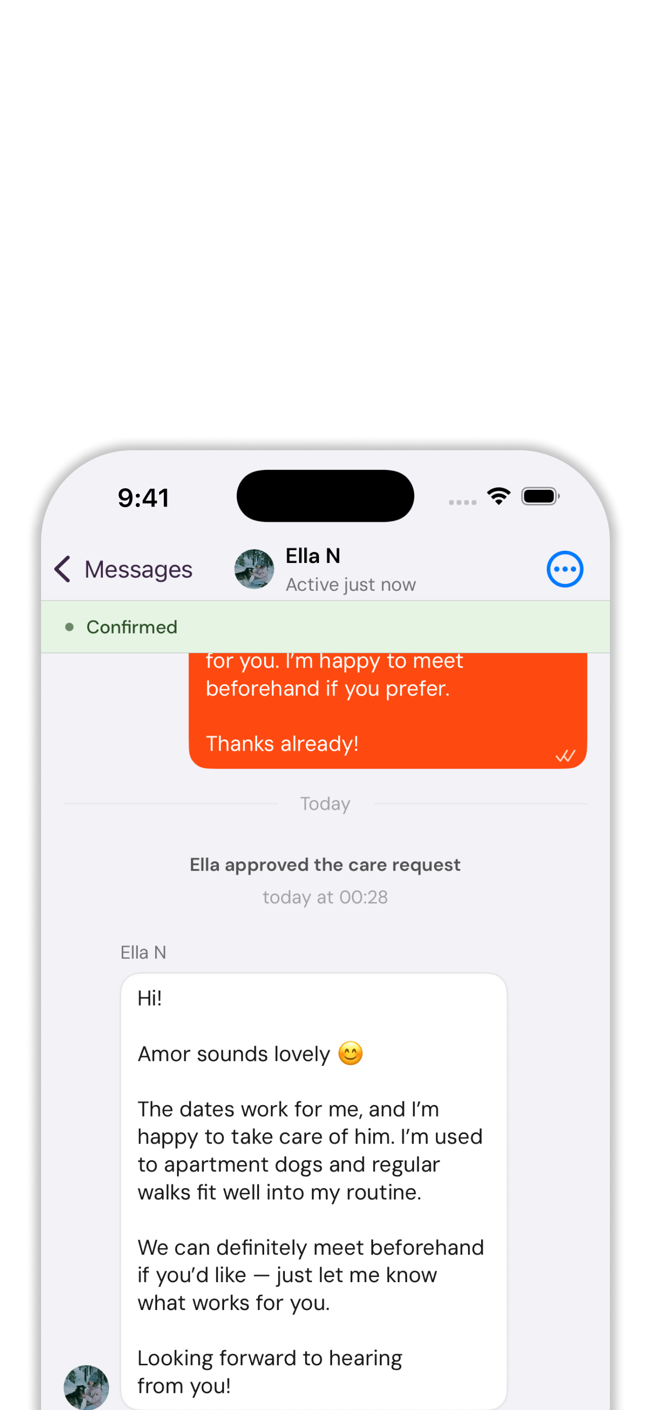 Pethotel-sovellus – varaus ja chat-näkymä